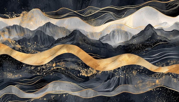 Acuarela abstracta y paisajes montañosos dorados con tinta negra Líneas onduladas Trazos de pincel fluidos