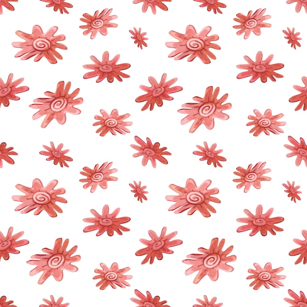 Acuarela abstracta de patrones sin fisuras con flores rosas rojas sobre fondo blanco.