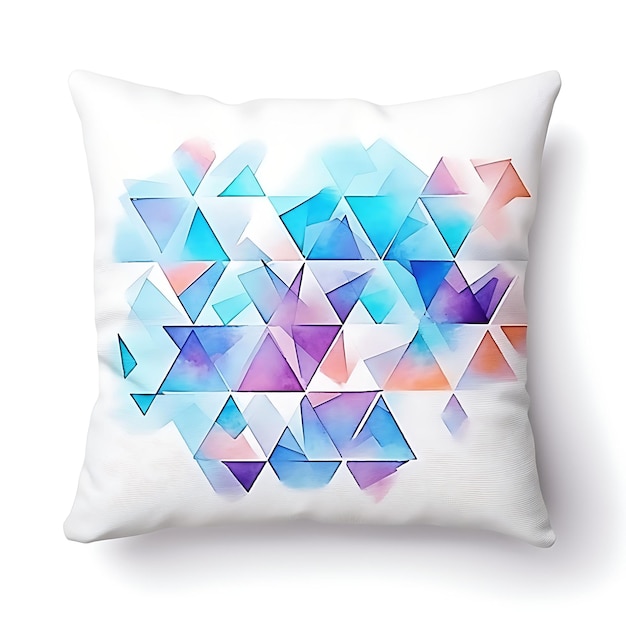 Acuarela de una acogedora almohada adornada con vibrantes detalles geométricos en el hogar sobre un fondo blanco