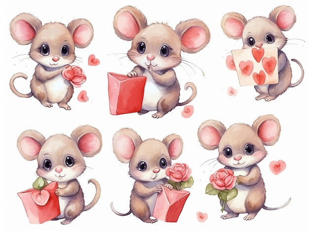 Acuarela de amor del día de San Valentín ratones pareja dibujada a mano ilustración de acuarela para tarjeta de felicitación o diseño de invitación