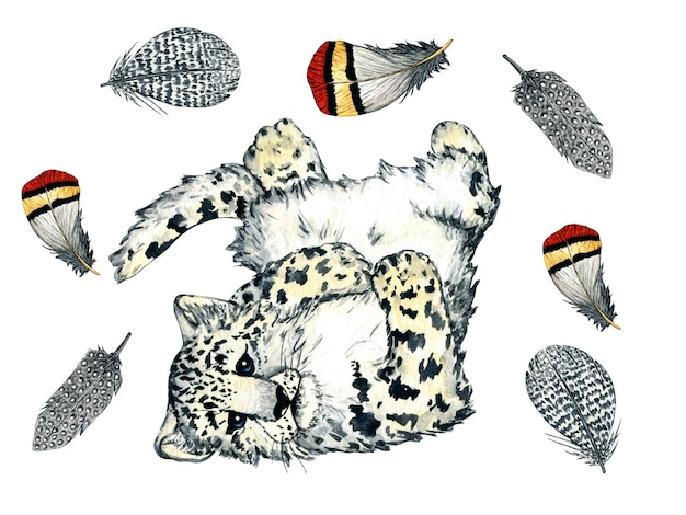 Acuarela animales salvajes del bosque leopardo de las nieves en plumas Ilustración de la naturaleza para el diseño de niños y postales