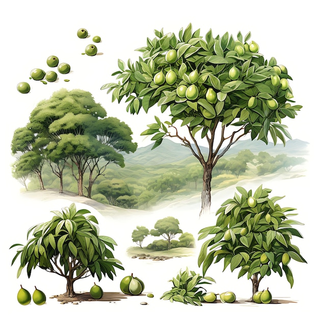 Foto acuarela de árboles de aguacate bosque con frondoso follaje verde arbustos de café h camiseta clipart aislada