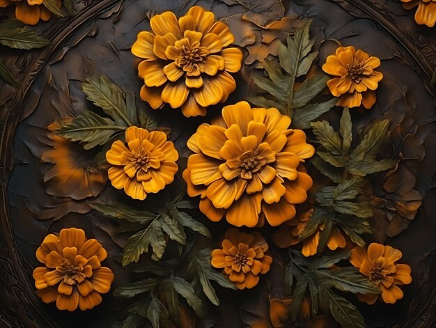 Foto acuarela arte de las caléndulas flores arbustivas hojas venadas brillo amarillo marrón suelo belleza marco húmedo