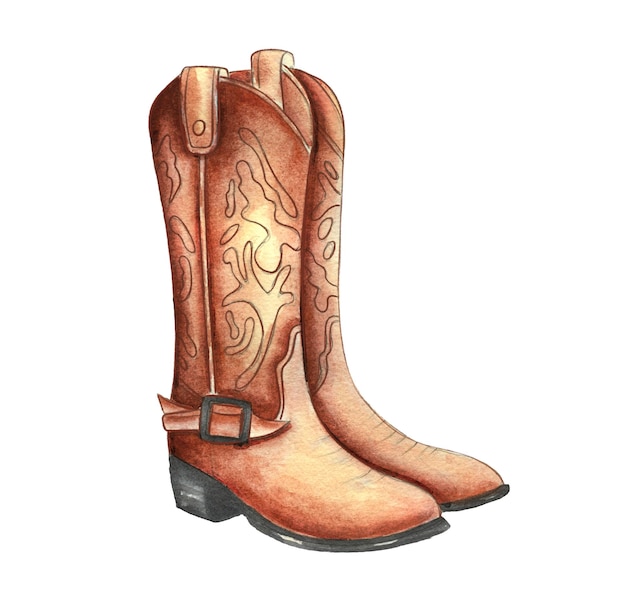 Acuarela artística dibujada a mano de botas de vaquero marrones con un diseño intrincado que destaca la artesanía