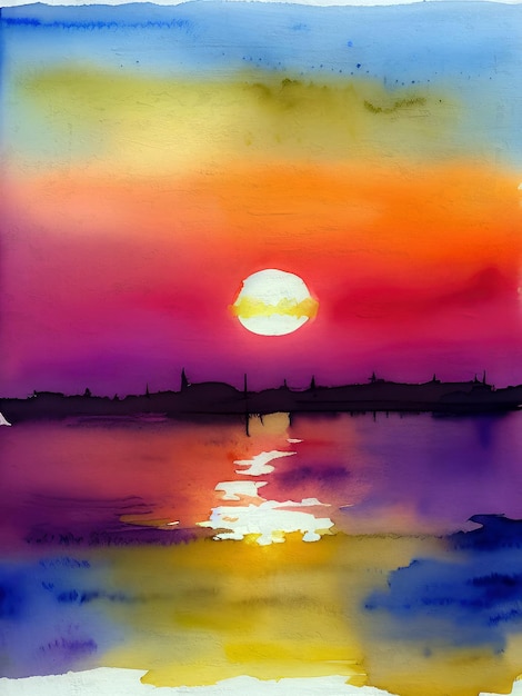 Foto acuarela atardecer pintura paisaje ilustración