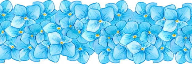 Foto acuarela azul de hortensia dibujada a mano con bordes sin costuras aislados sobre fondo blanco se puede utilizar para la decoración de cinta de etiquetas y otros productos impresos