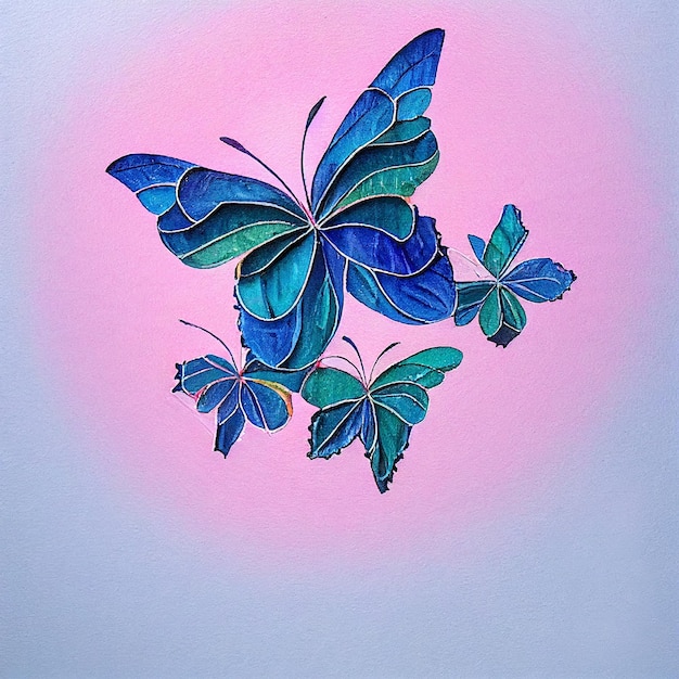 Acuarela azul y rosa de una mano de animal mariposa dibujar acuarela