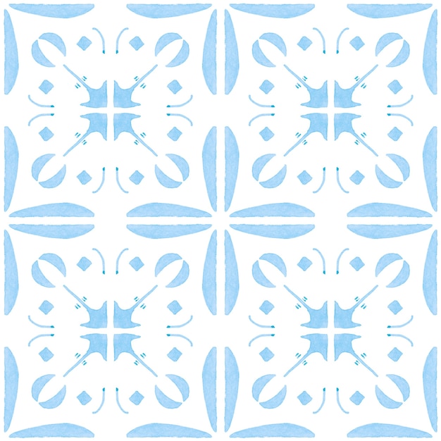 Acuarela de azulejo de patrones sin fisuras. Azulejos de cerámica portuguesa tradicional. Fondo abstracto dibujado a mano. Obras de arte en acuarela para textiles, papel tapiz, impresión, diseño de trajes de baño. Patrón de azulejo azul.