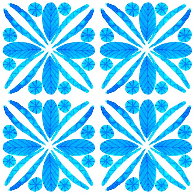 Acuarela de azulejo de patrones sin fisuras. Azulejos de cerámica portuguesa tradicional. Fondo abstracto dibujado a mano. Obras de arte en acuarela para textiles, papel tapiz, impresión, diseño de trajes de baño. Patrón de azulejo azul.