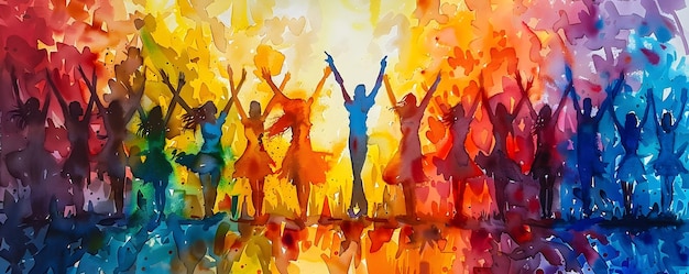 Acuarela de bailarines alegres celebrando la libertad y la comunidad