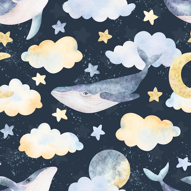 Acuarela ballenas nubes luna estrellas patrón sin costuras Acuarela animales marinos ilustraciones Fondo impresión desgaste diseño baby shower niños tarjetas ropa de cama papel pintado textil