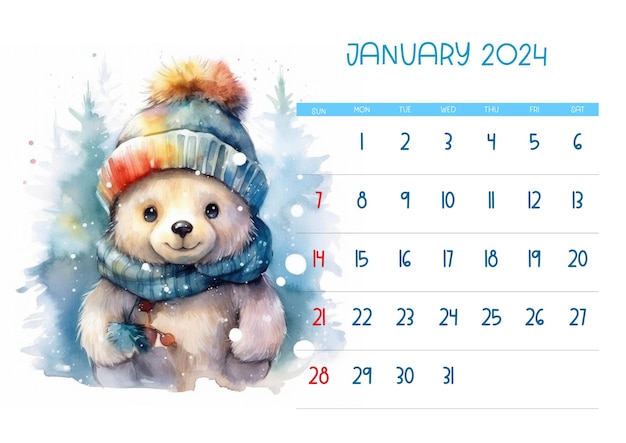 Acuarela Bebé Oso Con Sombrero Calendario Imprimible 2024