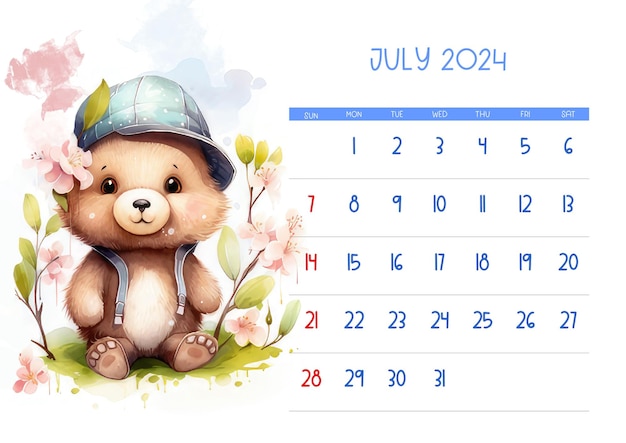 Acuarela Bebé Oso Con Sombrero Calendario Imprimible 2024