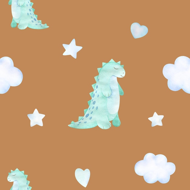 Acuarela bebé de patrones sin fisuras con estrellas y nubes de dinosaurio de menta de juguete