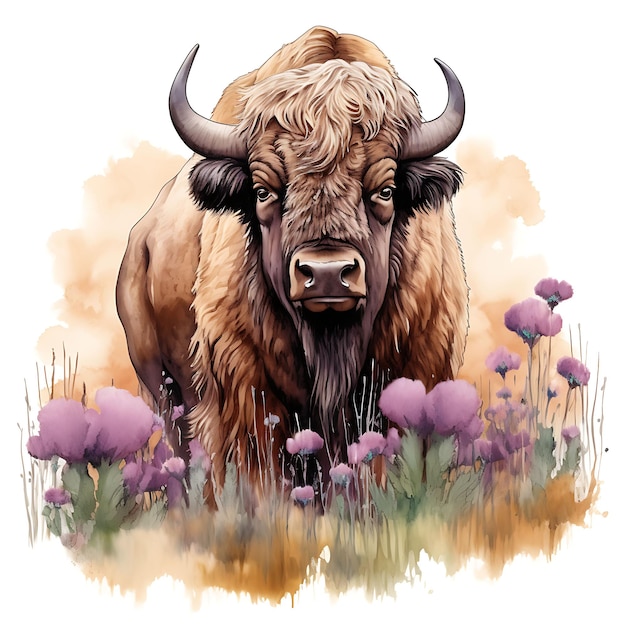 Acuarela bisonte animal salvaje rodeado de Prairie Clover Co sobre fondo blanco Arte digital
