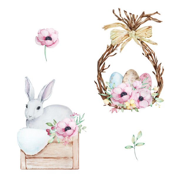 Acuarela blanca conejos de Pascua y flores de primavera anémonas rosas bouque