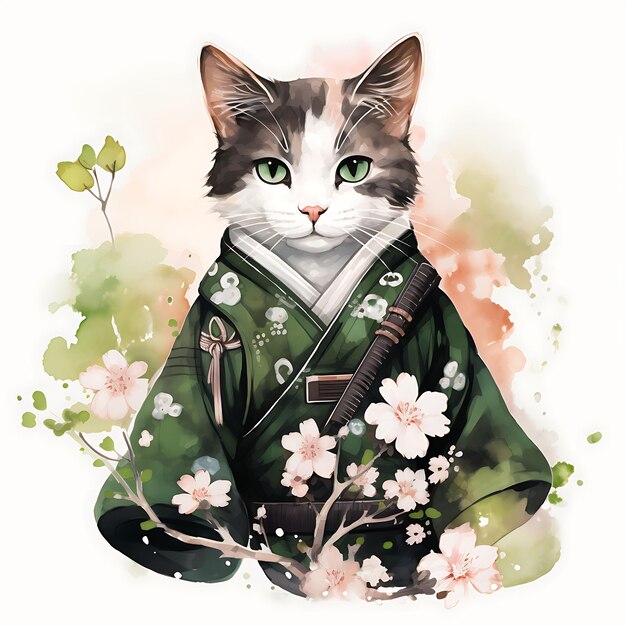 Foto acuarela de bobtail japonés con un casco de samurai kimono verde obi cher día de patrick clipart