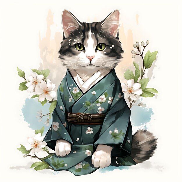 Foto acuarela de bobtail japonés con un casco de samurai kimono verde obi cher día de patrick clipart