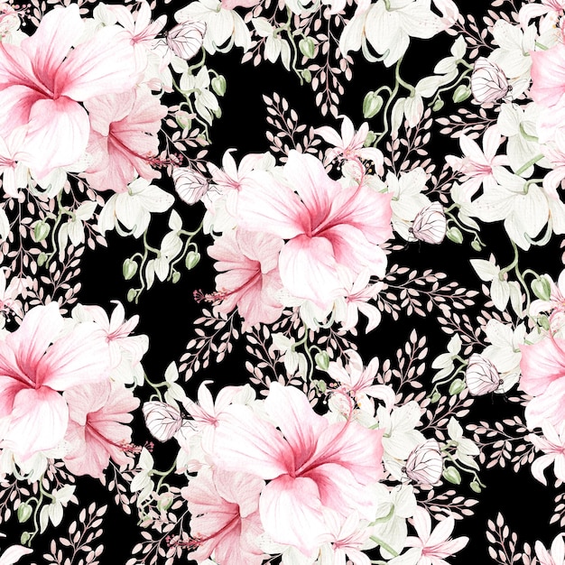 Acuarela boda rosa tropical de patrones sin fisuras con flores exóticas hibisco orquídeas y hojas