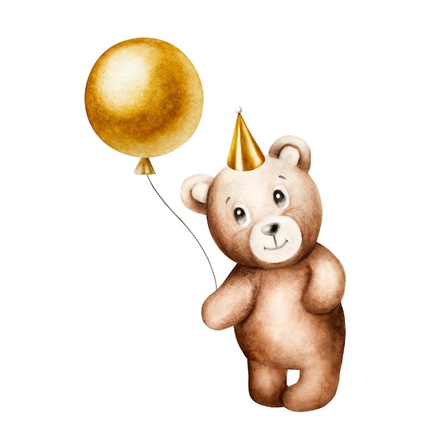 Acuarela bonito oso de peluche de dibujos animados con globo de papel dorado en una cuerda Ilustración de bebé dibujada a mano