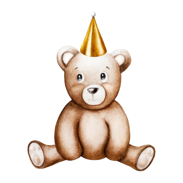 Acuarela bonito oso de peluche de dibujos animados con gorra dorada de cumpleaños de vacaciones Ilustración de bebé dibujada a mano iso