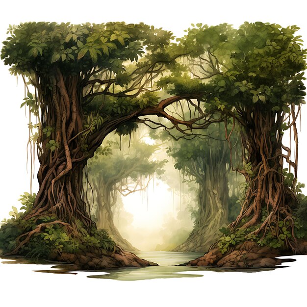 Foto acuarela del bosque de árboles banyan con tonos verdes exuberantes y marrones terrosos camiseta clipart aislada