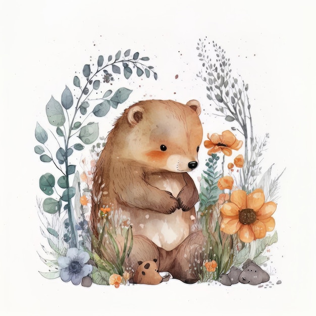 Acuarela bosque dibujos animados aislado lindo bebé oso animal Ilustración AI generativo