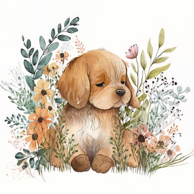 Acuarela bosque dibujos animados aislado lindo bebé perro animal Ilustración AI generativo
