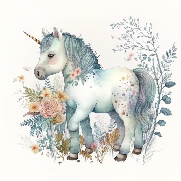 Acuarela bosque dibujos animados aislado lindo bebé unicornio animal Ilustración AI generativo