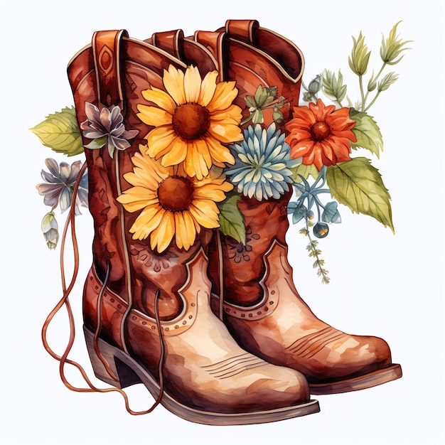 acuarela botas florales oeste salvaje oeste vaquero desierto ilustración clipart