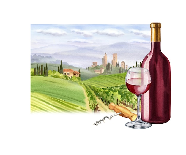 acuarela botella de vino rojo vaso de vino sacacorchos contra el paisaje rural italiano con torres y granjas cipreses y arbustos boceto dibujado a mano del tema de la Toscana ilustración de la bebida
