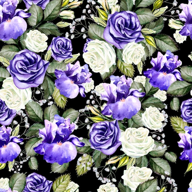 Acuarela brillante flores de patrones sin fisuras con rosas, iris y anémonas. Ilustración