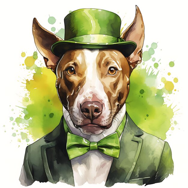 Acuarela de un Bull Terrier en un traje Trilby Lime Green y una corbata chartreuse Patrick Day Clipart