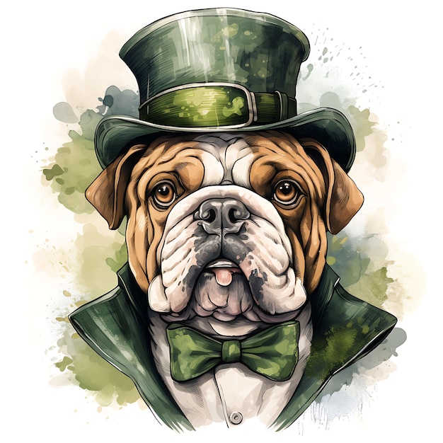 Foto acuarela de un bulldog inglés en un sombrero de cloche traje de cuero verde pistacho patrick day clipart