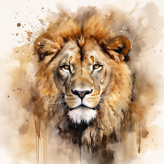 Una acuarela de la cabeza de un elegante león, el rey de la jungla, en colores beige oscuro y dorado IA generativa
