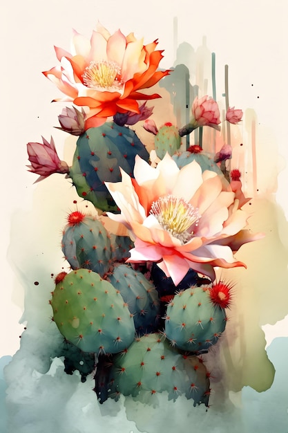 Acuarela de un cactus con una flor rosa.