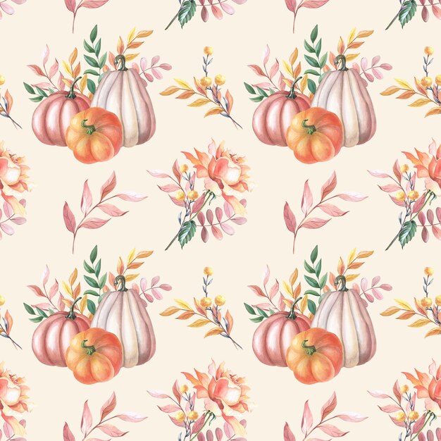 Acuarela calabaza roja y rosa de otoño, hojas sobre fondo blanco. Patrones sin fisuras con manchas de acuarelas. Ilustración de vegetales para el Día de Acción de Gracias.