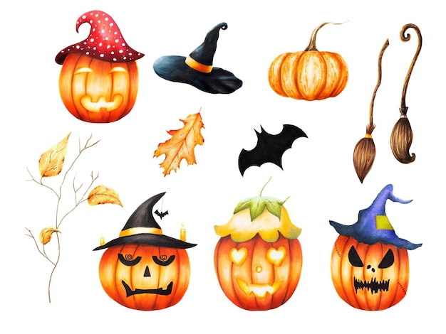 Acuarela calabazas de halloween con sombreros escobas de bruja lindo murciélago fantasma y rama de otoño con follaje