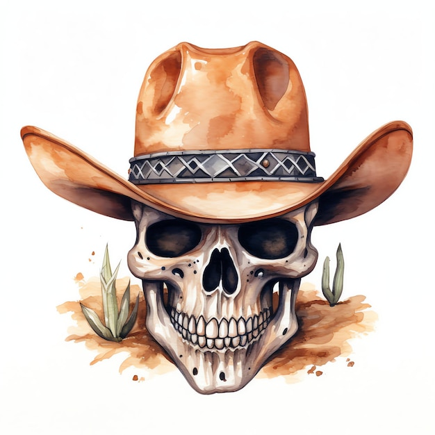 acuarela calavera con sombrero de vaquero oeste salvaje oeste vaquero desierto ilustración clipart