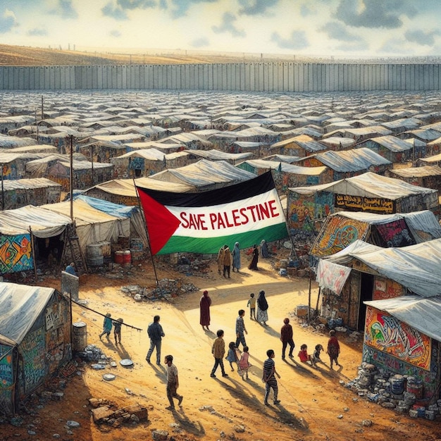 acuarela captura a niños jugando en medio de una pancarta de Save Palestine en un campamento de refugiados