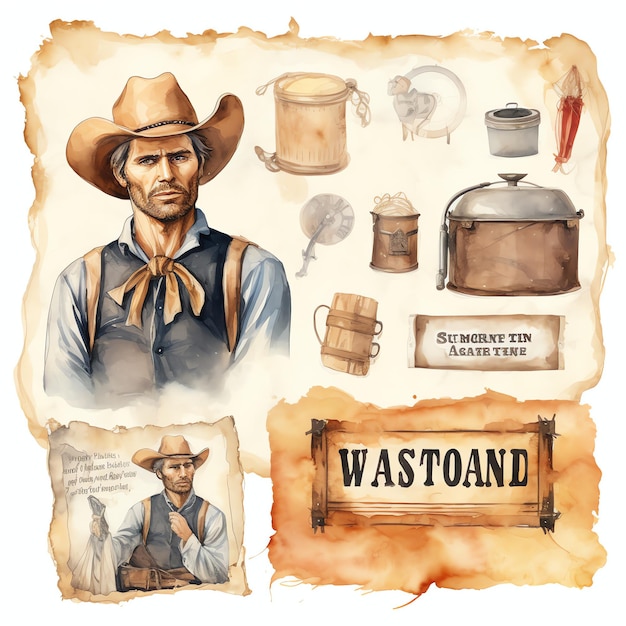 acuarela cartel buscado oeste salvaje oeste vaquero desierto ilustración clipart