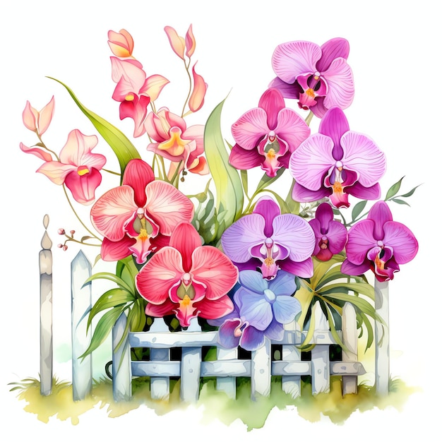 acuarela cerca de jardín de orquídeas con flores ilustración clipart floral de primavera