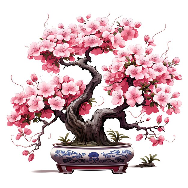 Foto acuarela de cereza bonsai árbol de porcelana olla en forma de corazón hojas belleza clipart camiseta aislada