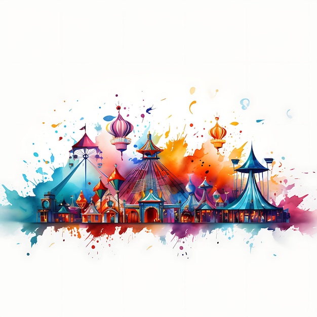 Acuarela de la ciudad del carnaval tiendas de campaña brillantes y vueltas alegres en un colorido diseño 2D Clipart Flat