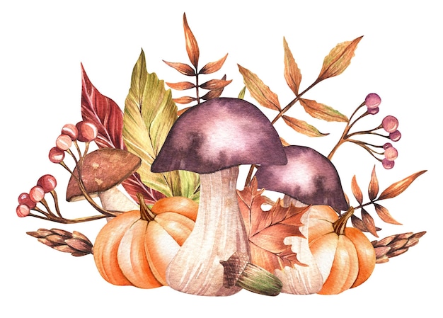 Foto acuarela clipart setas del bosque y calabazas rodeadas de hojas de otoño ramas con bayas