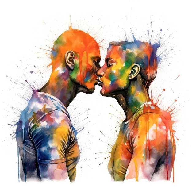 Una acuarela con los colores del orgullo de dos hombres besándose LGBT dos jóvenes besándose Mes del Orgullo