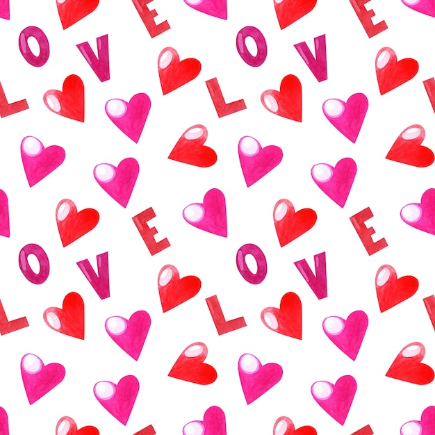 Acuarela de colores rojo y rosa corazones patrón sin costuras fondo de amor brillante textura de día de San Valentín para