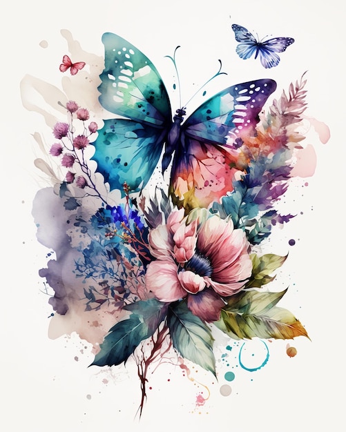 Acuarela colorida mariposa flores fondo generativo AI
