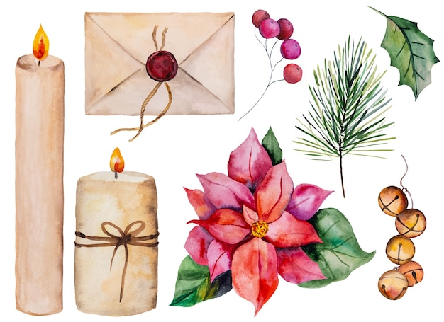 Acuarela colorida Navidad clipart ilustración aislada Elementos para tarjetas de felicitación navideñas