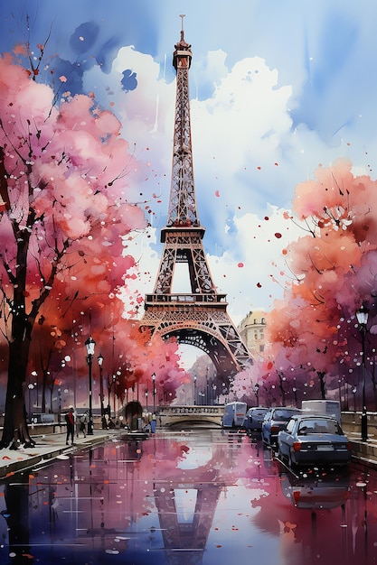 Acuarela colorida de la Torre Eiffel
